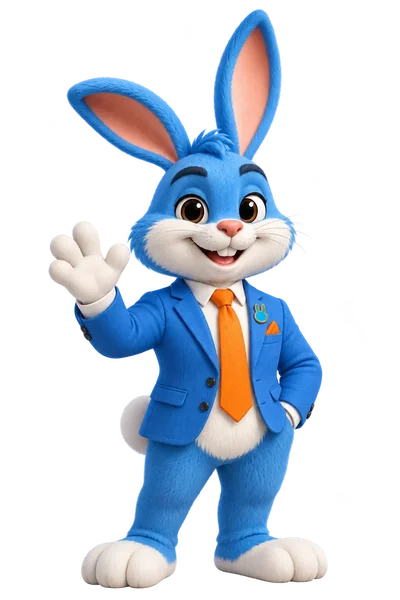 Agent Hoppy, the blue bunny insurance mascot in a blue suit and orange tie, waving hello