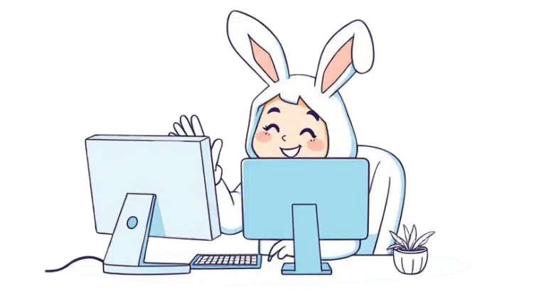 person in bunny costume behind 2 computer screens line art north chesterfield virginia