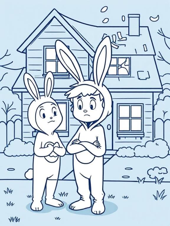 Two people in bunny costumes frowning as they stand in front of a house with broken shingles and cracked windows.