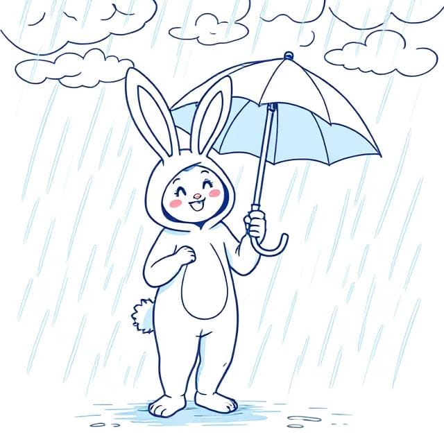 Person in a bunny costume with an umbrella standing in the rain.