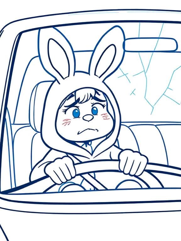 A person in a bunny costume sitting in a car with a cracked windshield. They are visibly upset.