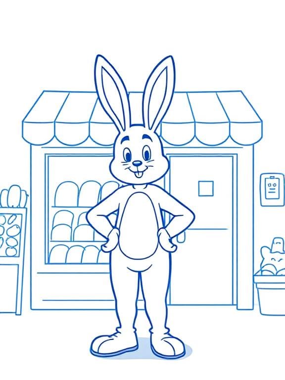 A person in a bunny costume standing in front of a small store front proudly.