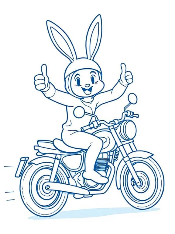 A drawing of a person in a bunny suit sitting on a motorcycle, giving two thumbs up.