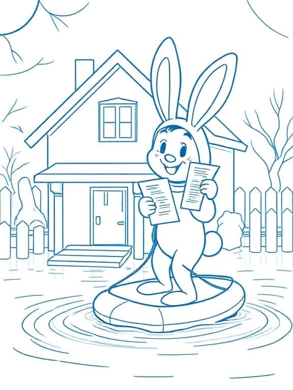 A person in a bunny costume smiling and holding insurance papers while in a raft that's in flood water. There is a house in the background