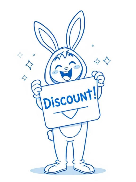 Simple blue outline of a person wearing a bunny suit happily holding up a sign that says discount.