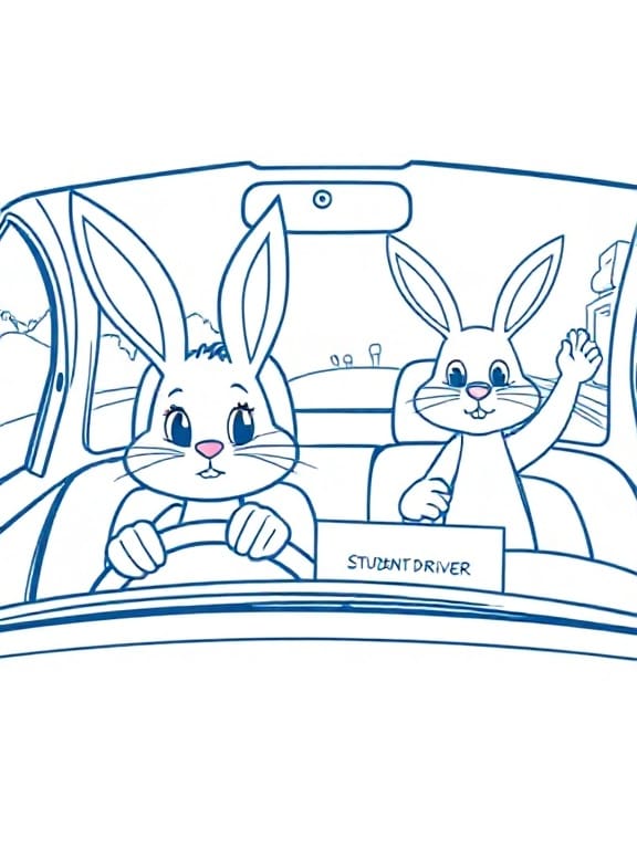 A teen bunny driving nervously while their parent cheers them on from the back. in the front is a sign that says student driver.