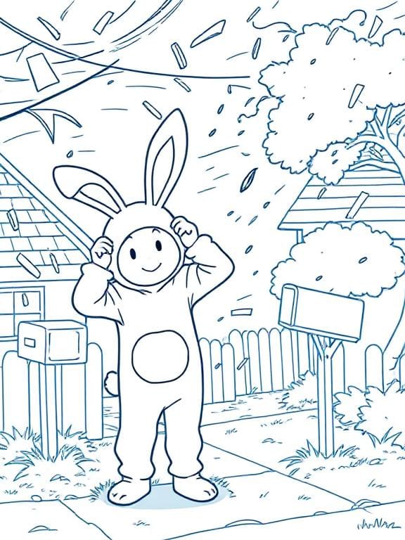 A person in a bunny costume holds onto their ears as wind blows through a neighborhood, ripping off shingles and leaves.