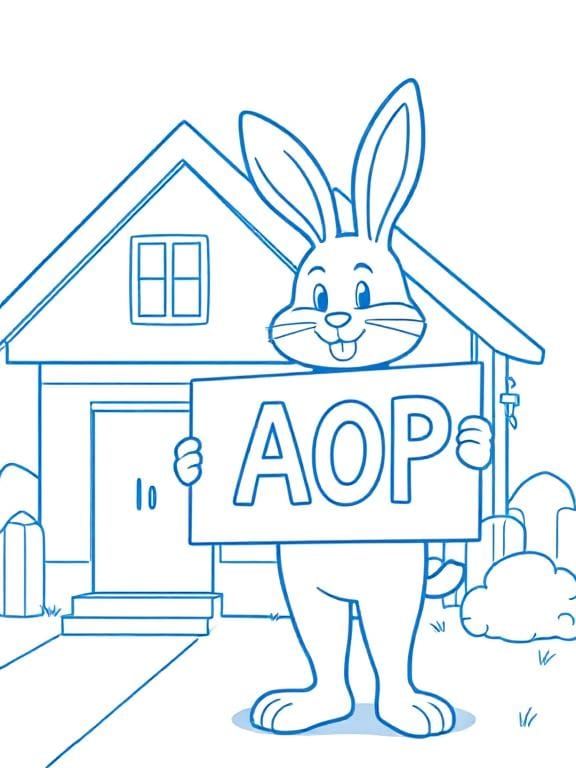 A outline of a bunny holding a sign that says AOP while standing in front of a house.