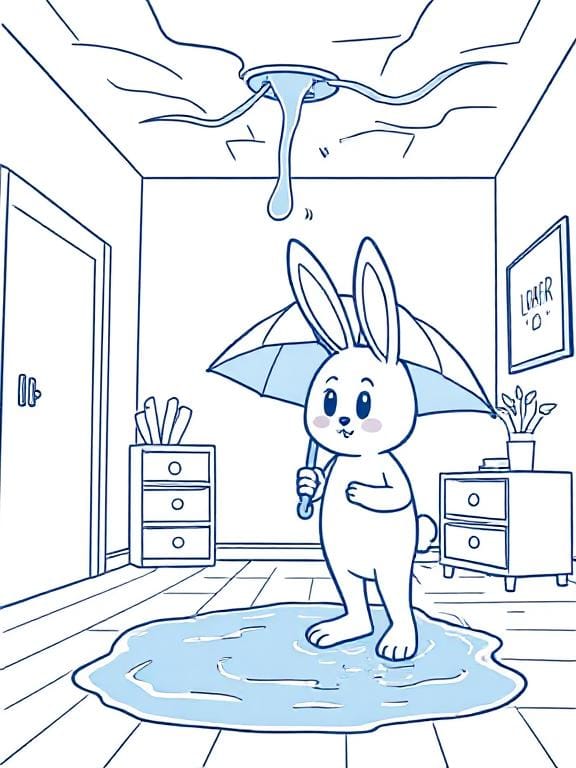 A cartoon bunny stands in a roomy, holding an umbrella while the ceiling leaks and water puddles at their feet