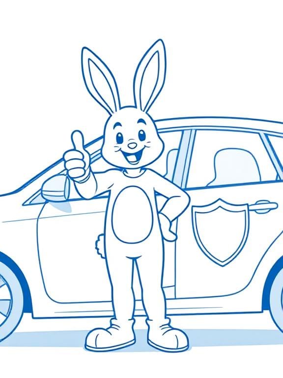 A humanoid rabbit stands in front of a car, giving a thumbs up.