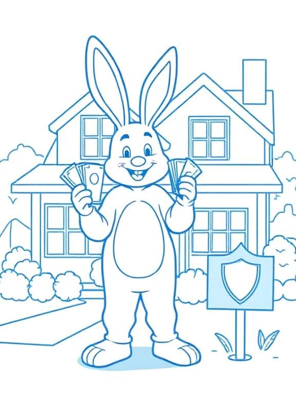 A person in a bunny costume stands in front of their property, happily holding some cash. Besides them is a sign with a shield symbol on it.