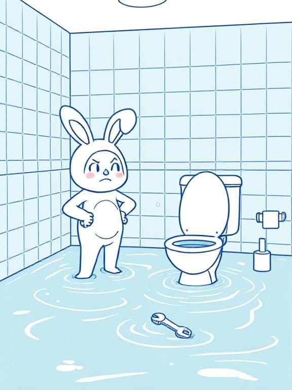 A person in a bunny costume stands in a flooded bathroom, their hands on their hips, their face angry. A wrench floats in the water.
