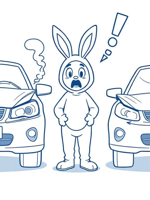 A person in a bunny suit has a shocked expression as they stand between two cars that have dents. There's smoke rising from them.