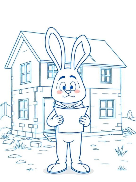 A person in a bunny costume who looks confused is holding blue prints for the partially built house behind them.