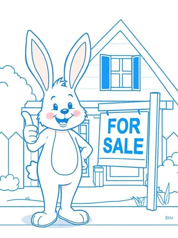 A person in a bunny costume stands in front of a house with a for sale sign up front. They're giving a thumbs up.