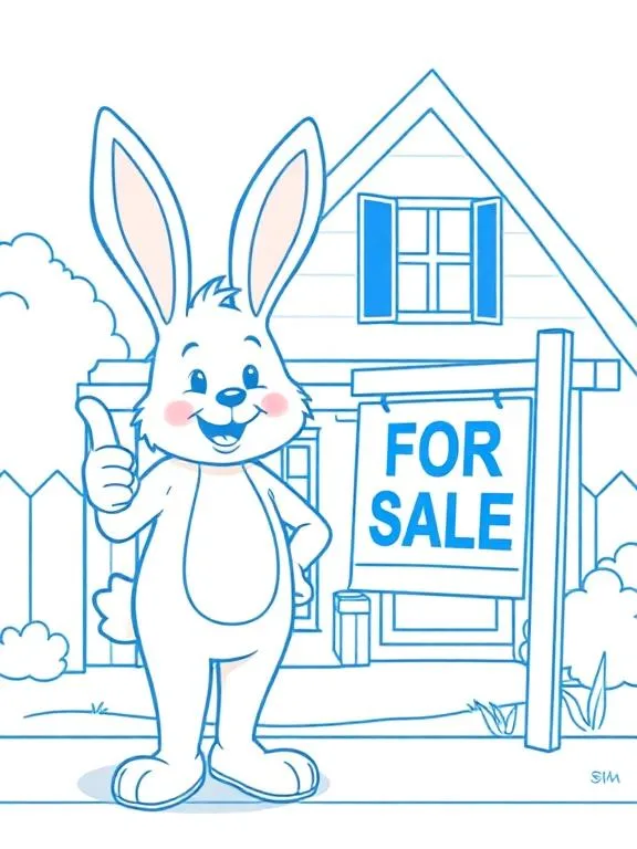 A person in a bunny costume stands in front of a house with a for sale sign up front. They're giving a thumbs up.