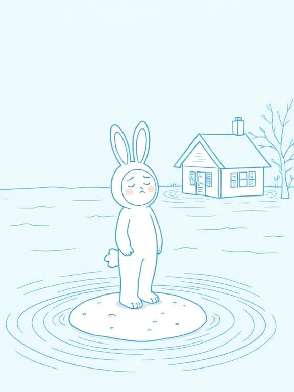 A person in a bunny costume stands on a patch of dry ground, frowning, while flood waters flood the area and house around them.