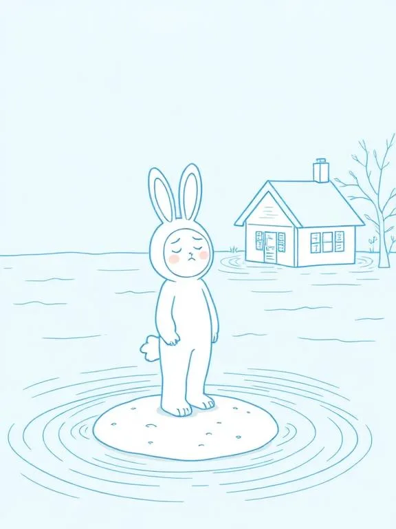 A person in a bunny costume stands on a patch of dry ground, frowning, while flood waters flood the area and house around them.