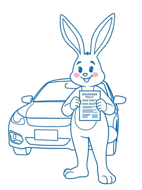 A person in a bunny suit stands before their car, smiling while holding up their insurance policy.