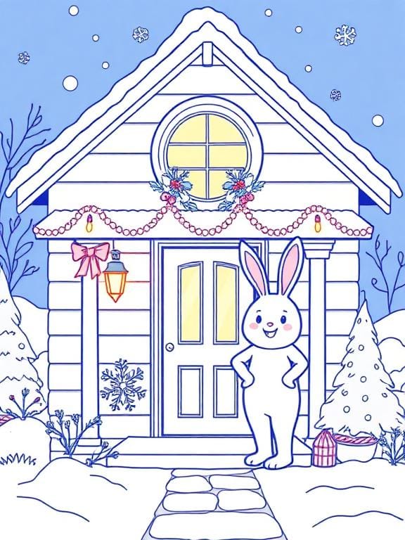 A person in a bunny suit stands in front of a house decorated for the holidays. There's garland and string lights strewn about. It's snowing with some snow accumulated on the ground.