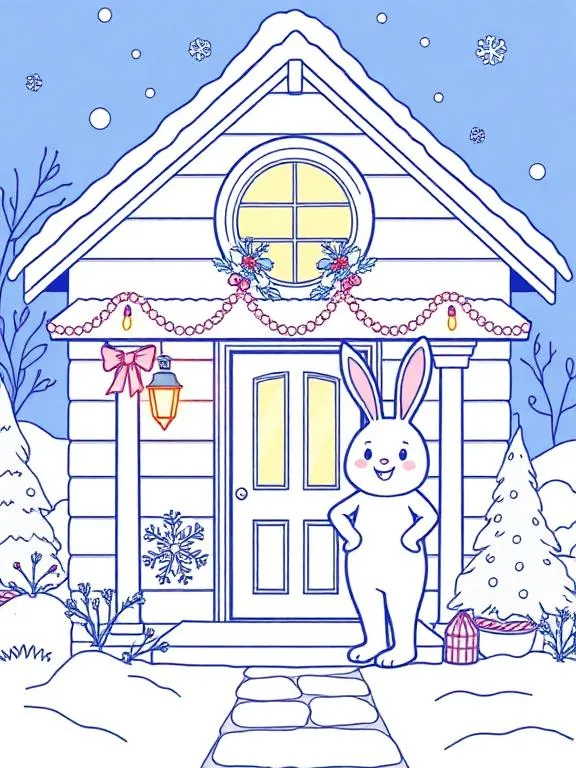A person in a bunny suit stands in front of a house decorated for the holidays. There's garland and string lights strewn about. It's snowing with some snow accumulated on the ground.