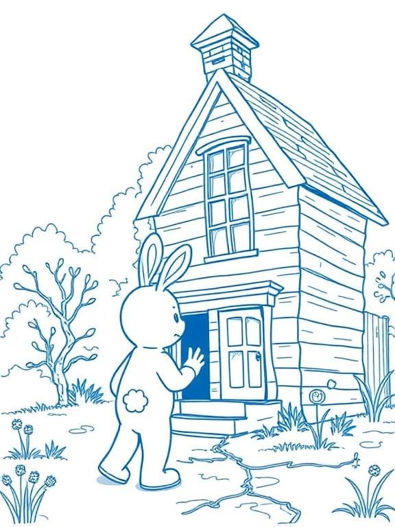 A person in a bunny costume approaches an old house, which is dated with lots of cracks.