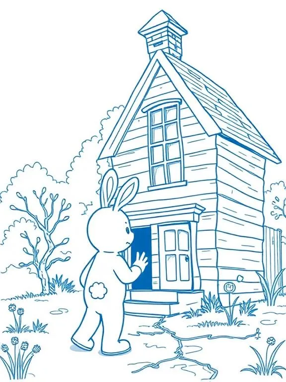A person in a bunny costume approaches an old house, which is dated with lots of cracks.