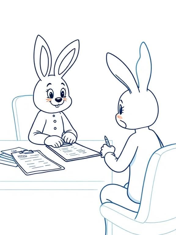 A person in a bunny costume sits at a desk opposite from another bunny. There are papers strewn about.