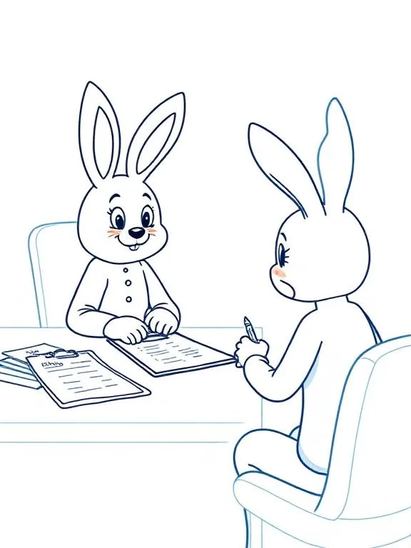 A person in a bunny costume sits at a desk opposite from another bunny. There are papers strewn about.