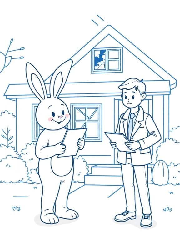 A person in a bunny costume holding a clipboard as the stand in front of their house with a broken window. Across from them is an insurance agent.