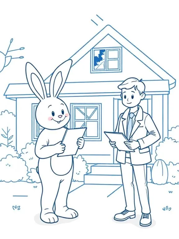 A person in a bunny costume holding a clipboard as the stand in front of their house with a broken window. Across from them is an insurance agent.