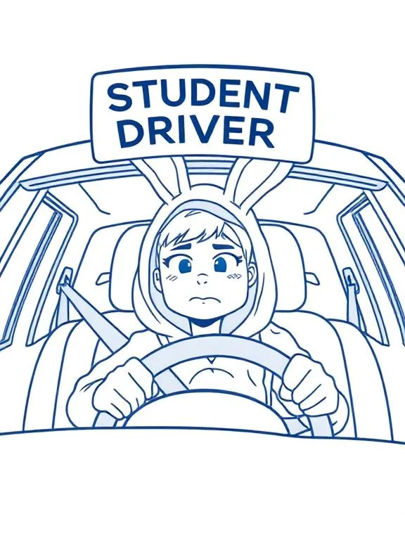 A nervous person in a bunny suit drives a car, that has a sign on top that says, student driver
