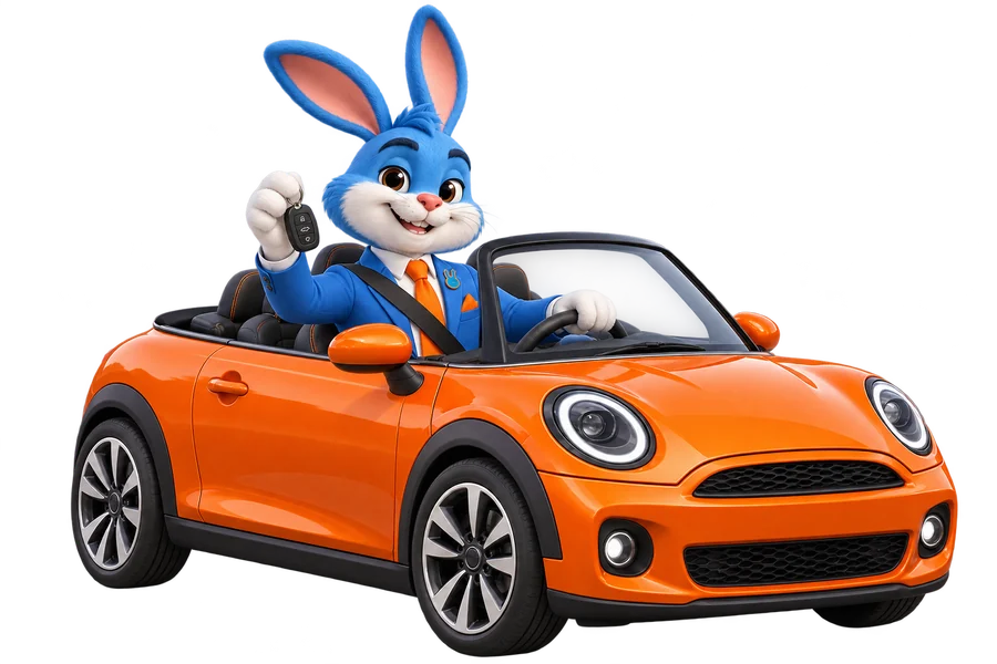 Agent Hoppy wearing a seat belt in an orange convertible