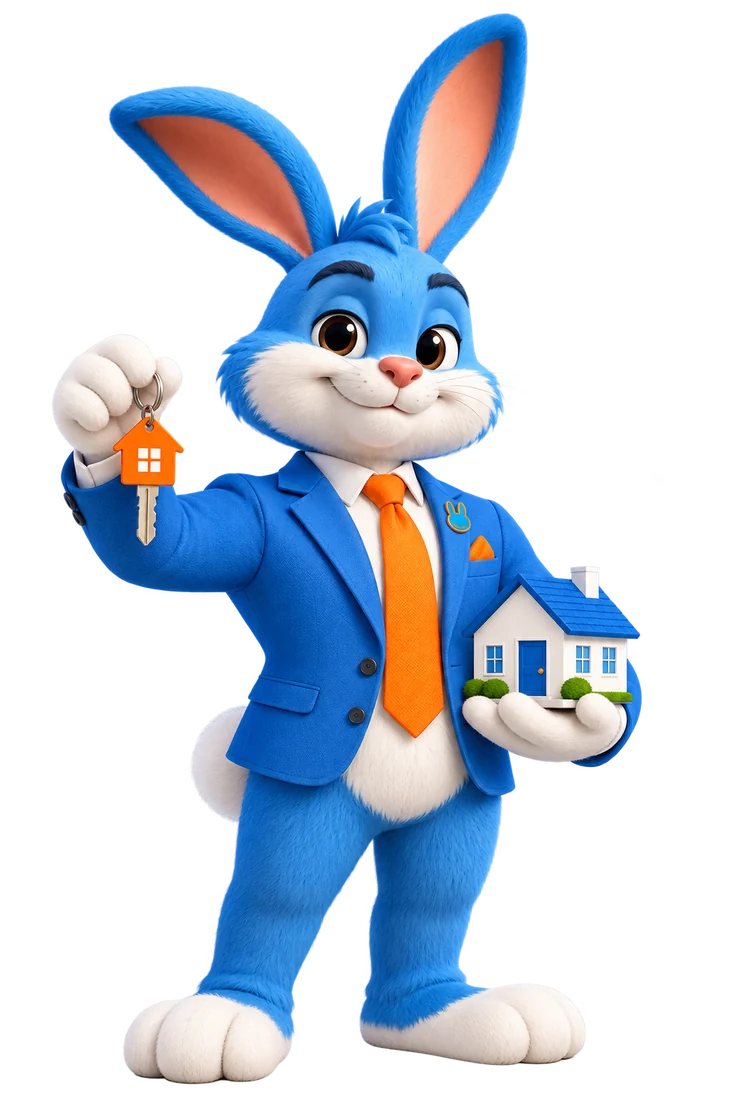 Agent Hoppy holding a model home and house keys