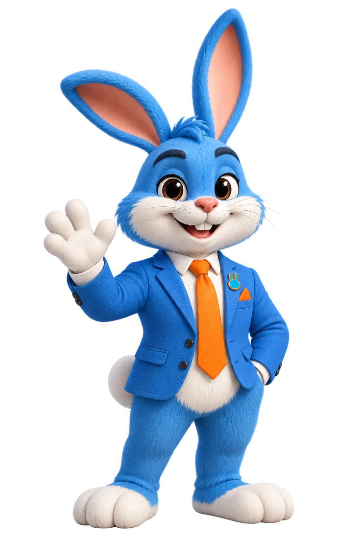 Agent Hoppy, the blue bunny insurance mascot in a blue suit and orange tie, waving hello