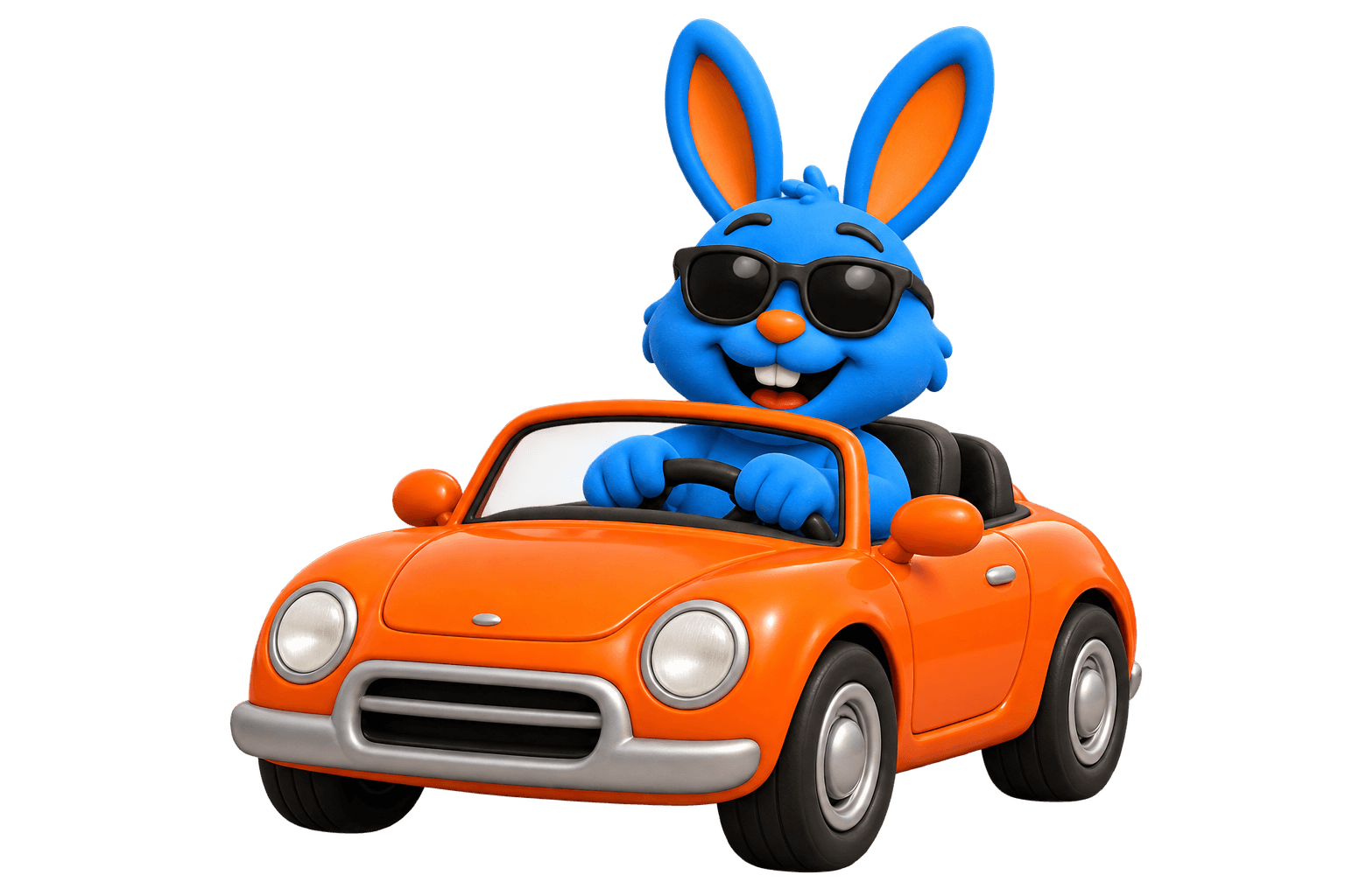 Hoppy the blue bunny driving an orange convertible