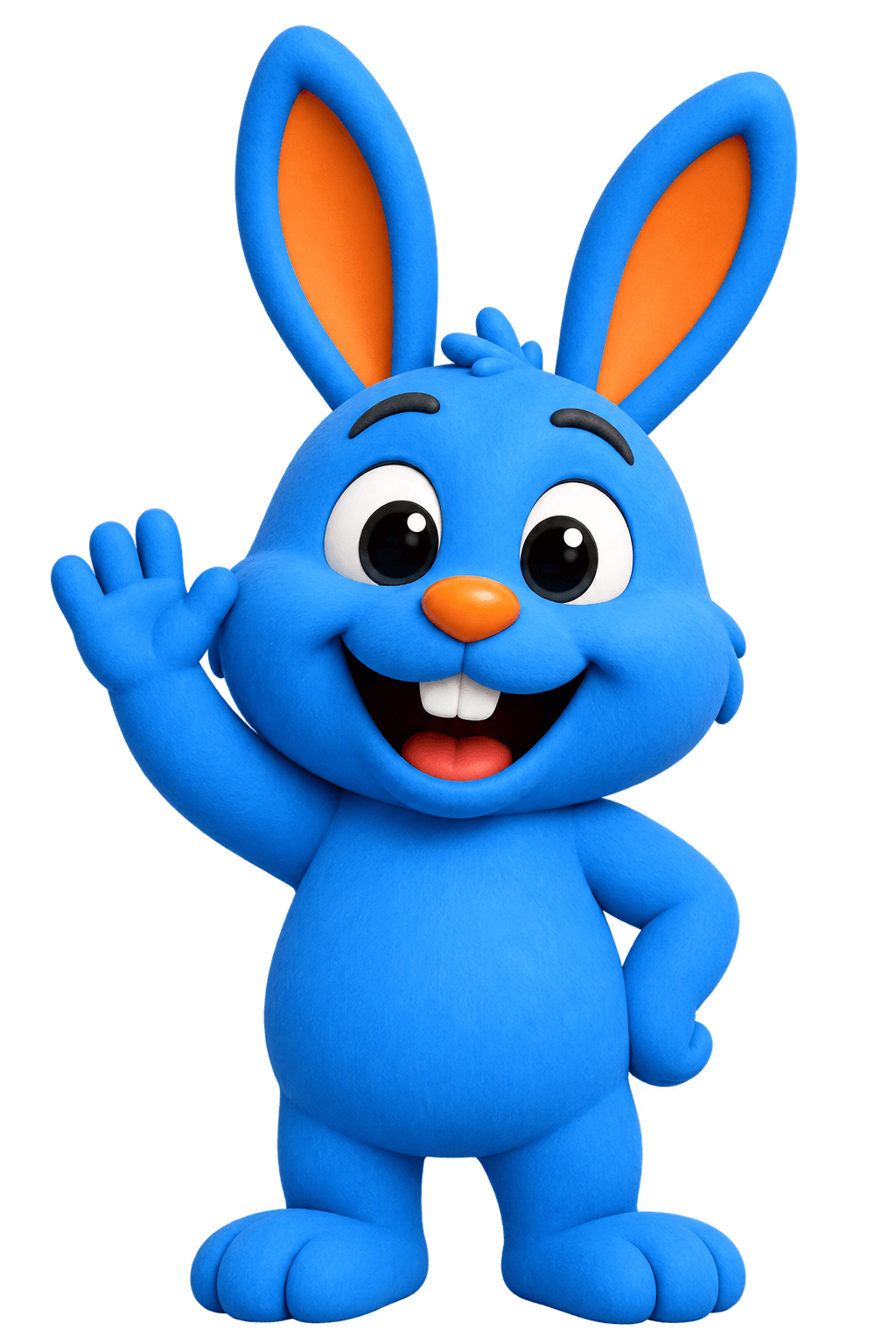 Hoppy, the blue bunny mascot, waving hello