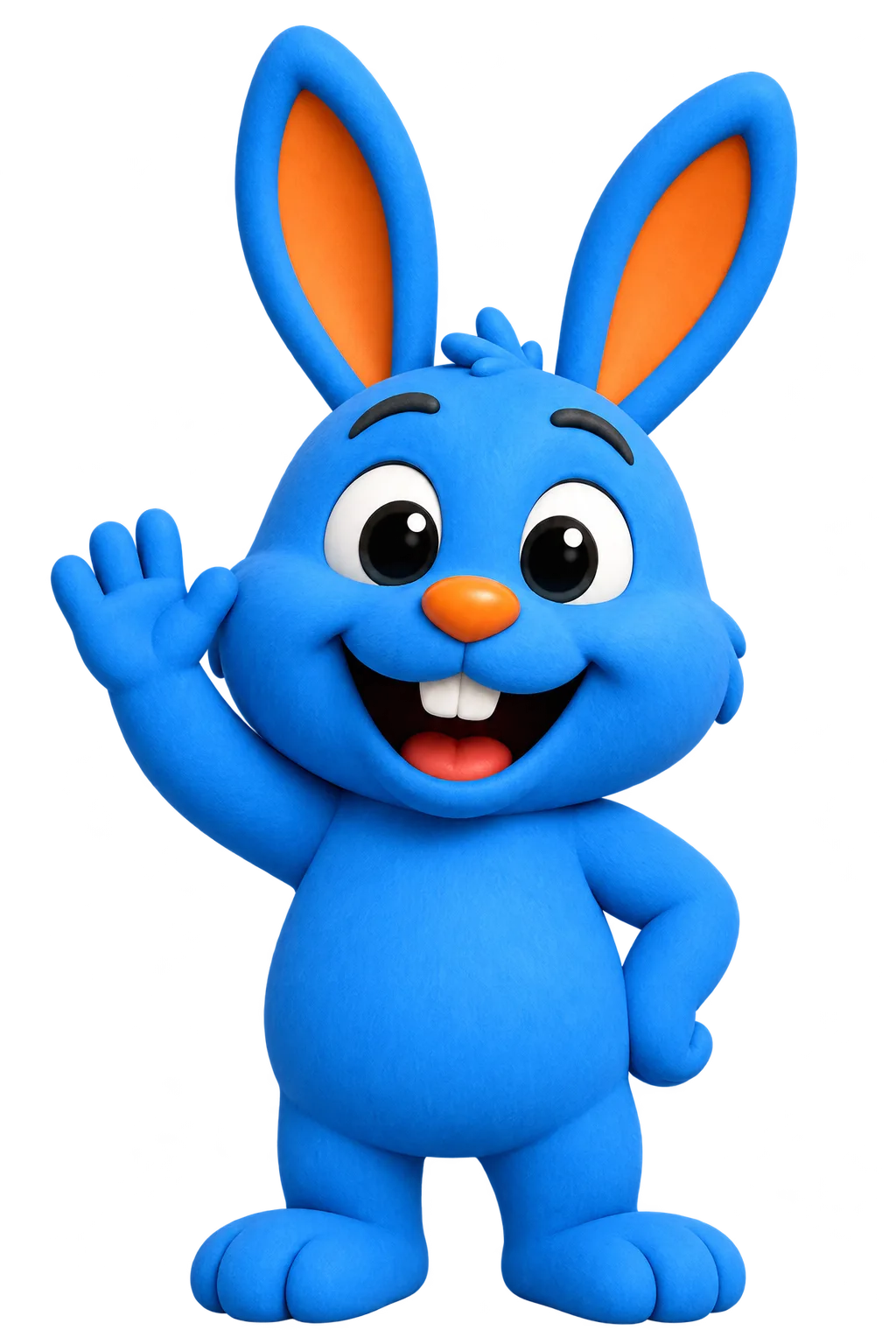 Hoppy, the blue bunny mascot of Hoppy Insurance Agency, waving hello